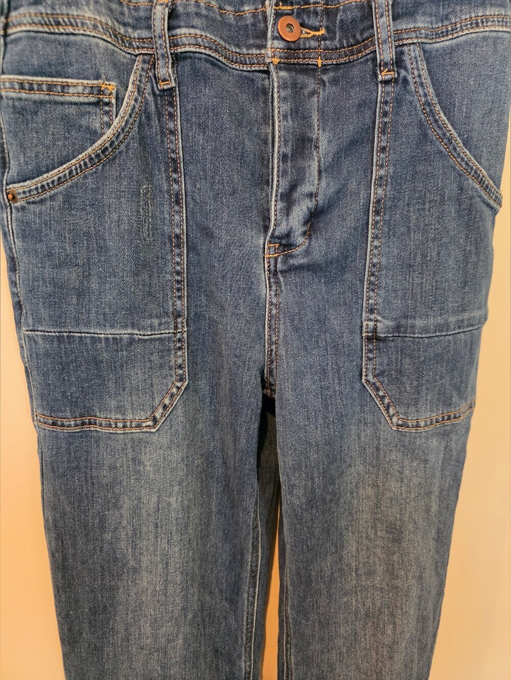 Miou Muse Size Medium Form Fitting Denim Overalls Button Front Bib Medium Wash - Picture 7 of 14